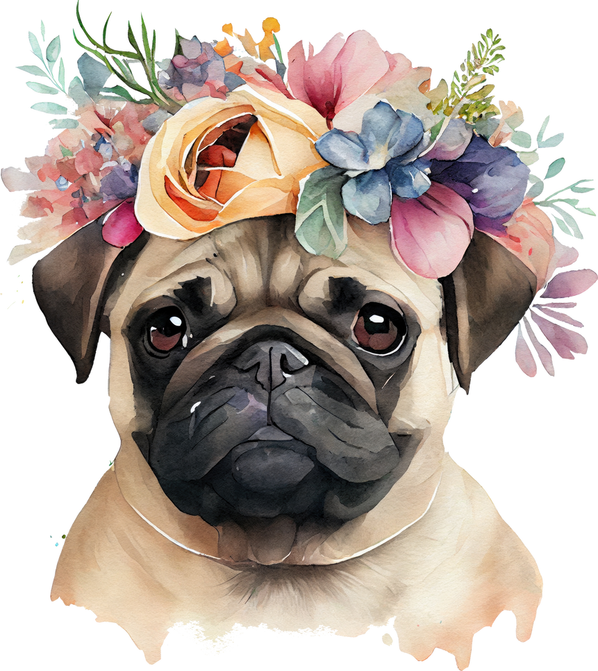 Cute Pug Dog Flowers Watercolor Illustration